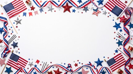 Obraz premium Patriotic USA background frame with American flags, stars, and ribbons on white