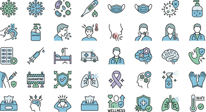 Medical healthcare and virus prevention line icon set featuring virus cells fever symptoms vaccine injection sanitization doctor patient and hospital clinic symbols