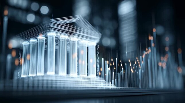 Futuristic virtual bank building. Digital architecture of the modern financial system