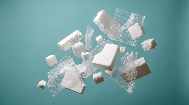 Floating white polystyrene foam blocks and bubble wrap pieces on a teal background