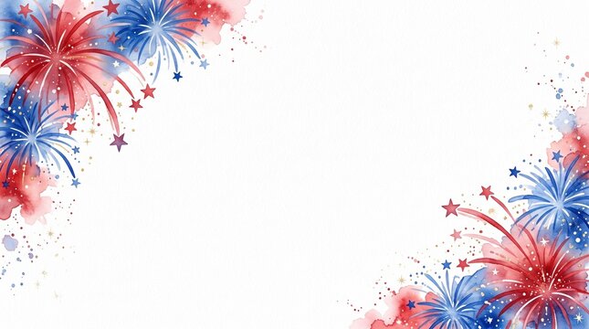 Vibrant watercolor fireworks in red and blue hues beautifully illuminate a pristine white background, forming a festive border perfect for celebrating national holidays and joyous events