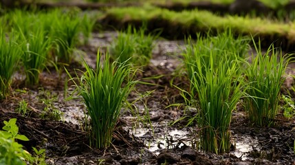 Obraz premium A long shot view of a pastoral rice paddy displaying rich dark soil and natural textures conveying a deep sense of harmony