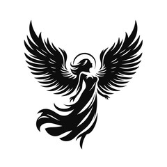 Naklejka premium Beautiful angel woman silhouette with open wings dynamic pose, majestic holy female vector illustration, graceful goddess black stencil design for tattoo and logo