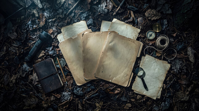 Old papers and vintage items scattered on wet forest ground at night