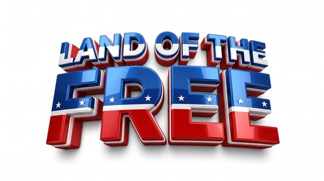 Vibrant 3D text art spelling 'Land of the Free,' rendered with patriotic American flag colors and textures, representing national pride, liberty, and independence