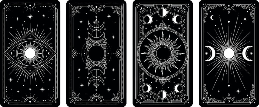 Set of four mystical tarot cards with celestial symbols, sun, moon phases, and eye design in black and white line art style