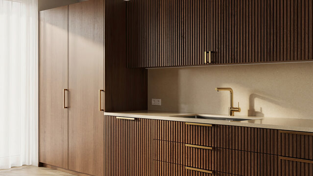 Modern Dark Wood Kitchen with Gold Fixtures and Beige Counter