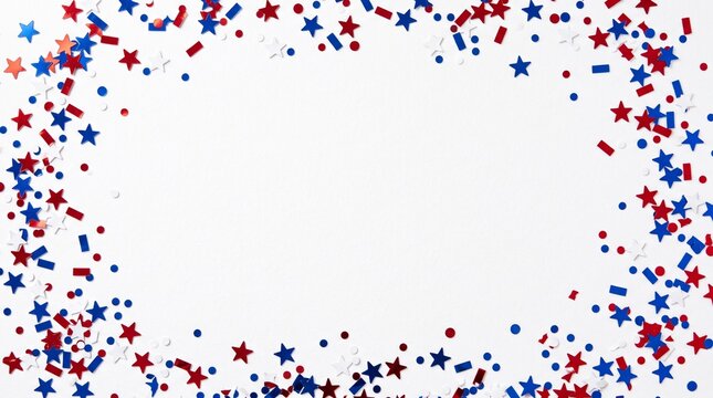 Red white and blue stars and confetti frame on white background for US patriotic holidays and celebrations