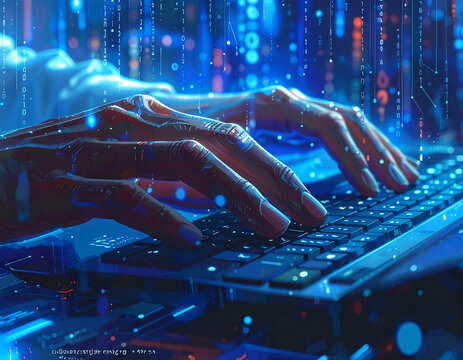 Close-up of Hands Typing on a Futuristic Keyboard with Digital Blue Lights.