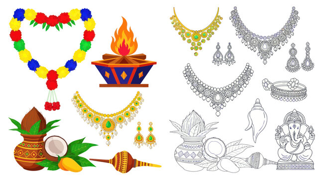 Traditional indian cultural icons with ganesha and ritual objects