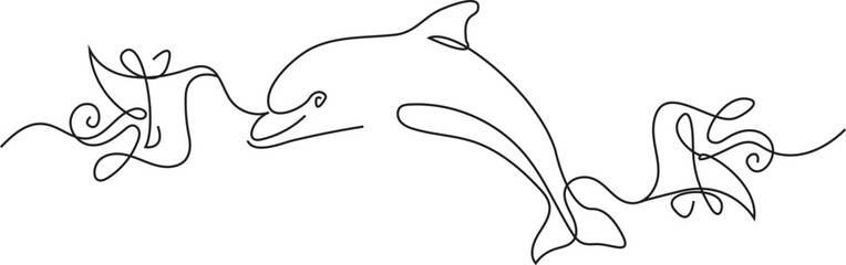 Continuous outline drawing of a jumping dolphin fish .single line draw illustration  © Afshan