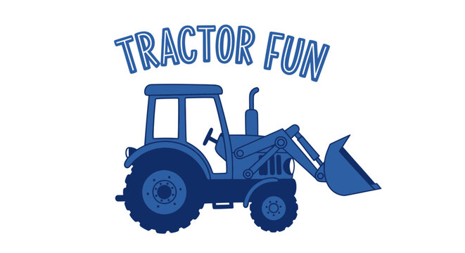 Blue farm tractor with front loader and playful text for kids