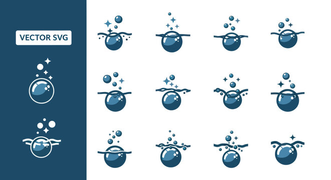 Blue bubble icons collection with water surface ripples and sparkles
