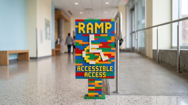 Ramp accessible sign built from colorful bricks stands in a public corridor. The image conveys accessibility, inclusion, equal access, and support for people with disabilities