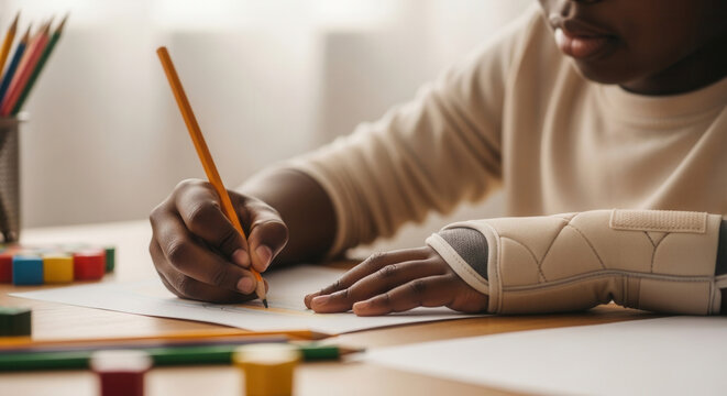 Child drawing with a pencil while wearing a wrist cast at a table. The image represents recovery, resilience, rehabilitation, and continuing education despite injury.