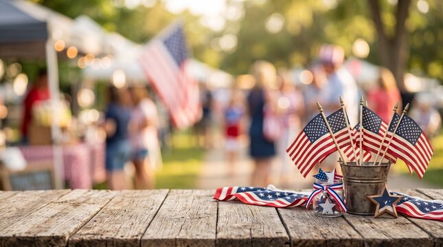 Small American flags on a rustic wooden table with a blurred background of a summer community festival