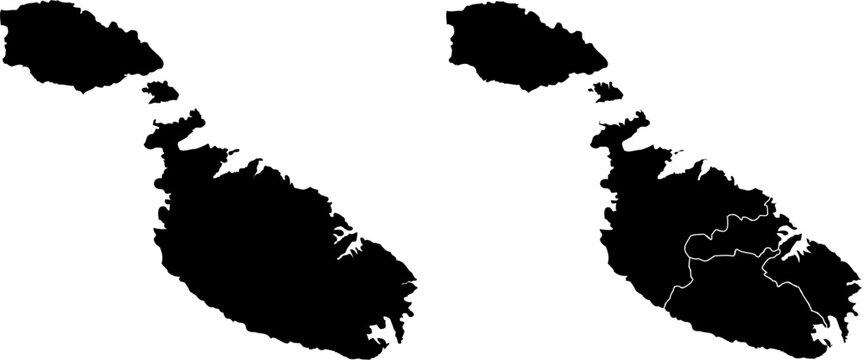 Malta country map shown plain and with administrative regions in black