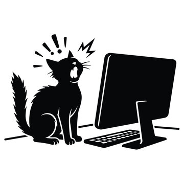 Surprised Cat at Computer Illustration. Containing funny cat, desktop computer, shocked reaction, internet meme, digital lifestyle, cartoon character and more. Vector illustration.