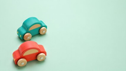Fototapeta premium Colorful Wooden Toy Cars on Soft Pastel Background with Copy Space