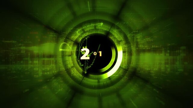 Abstract green tech background with spinning numbers counting backward. Digital Counters Related 3D Abstract Animation.