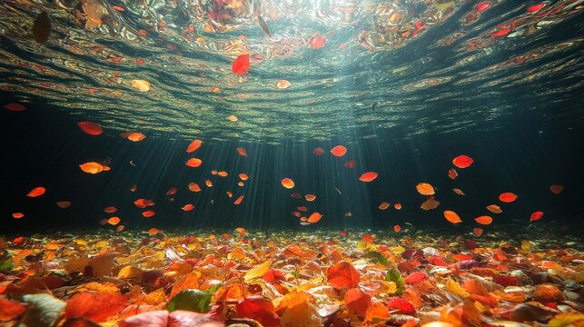 Underwater autumn leaves with sunbeams and clear water surface reflections