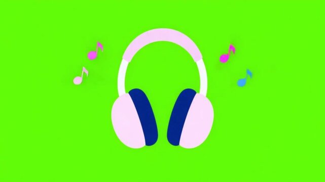 Modern Vector Headphones Bouncing with Floating Musical Notes on Green Screen Chroma Key Video
