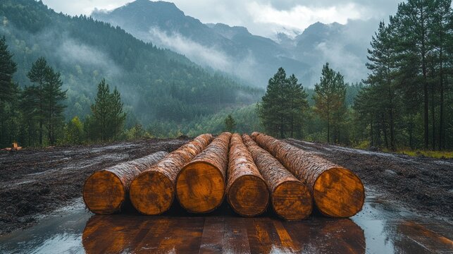 Stacked timber logs on muddy ground with a misty mountain forest and snow-capped peaks in the background