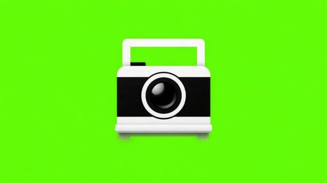 Retro instant camera flashing and ejecting blank polaroid photo frame vector animation on chroma key green screen
