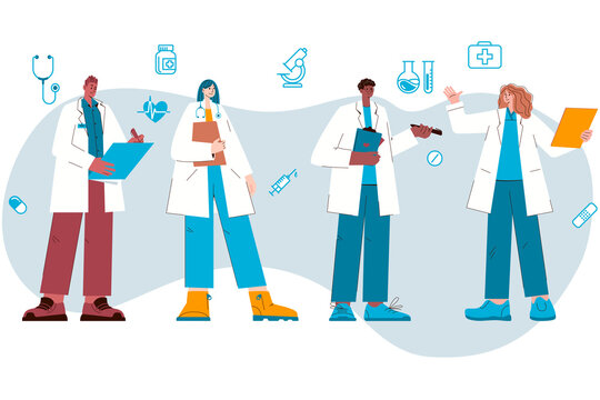 Medical staff, doctors and nurses, multicultural diversity in healthcare. Illustration characters.