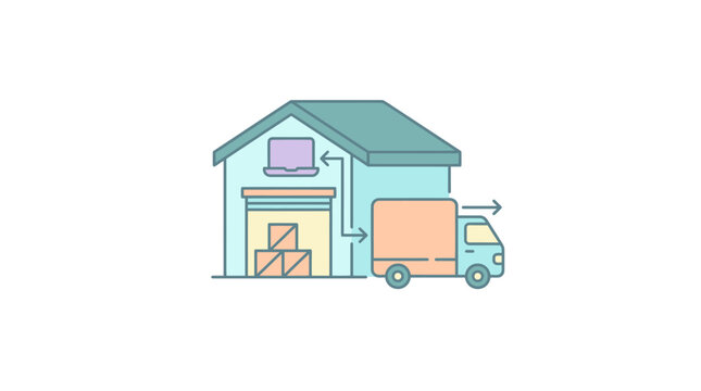 Logistics Warehouse Illustration Showing Online Order Processing and Truck Shipment Delivery Process