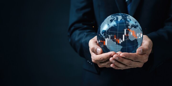 Businessman holding a glowing digital globe with financial candlestick charts