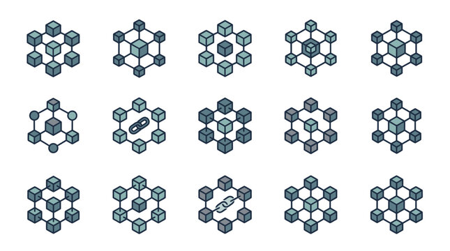 Diverse vector icon set showcasing interconnected cubical network structures, symbolizing secure data exchange, decentralized ledger systems, and robust technological communication
