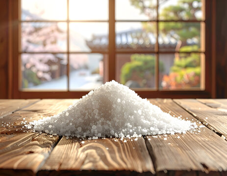Pile of Coarse Sea Salt Crystals on a Wooden Table with a Blurred Garden View.