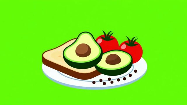 Vector style avocado toast animation on green screen. 2D flat animated food footage with toasted bread, avocado, and cherry tomatoes.
