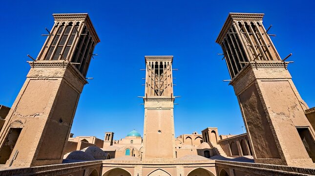 Traditional Persian Windcatchers in Historic Courtyard With Arched Walkways and Blue Dome