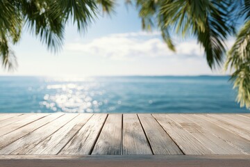Fototapeta premium Wooden Table on Tropical Beach with Palm Trees and Ocean View.