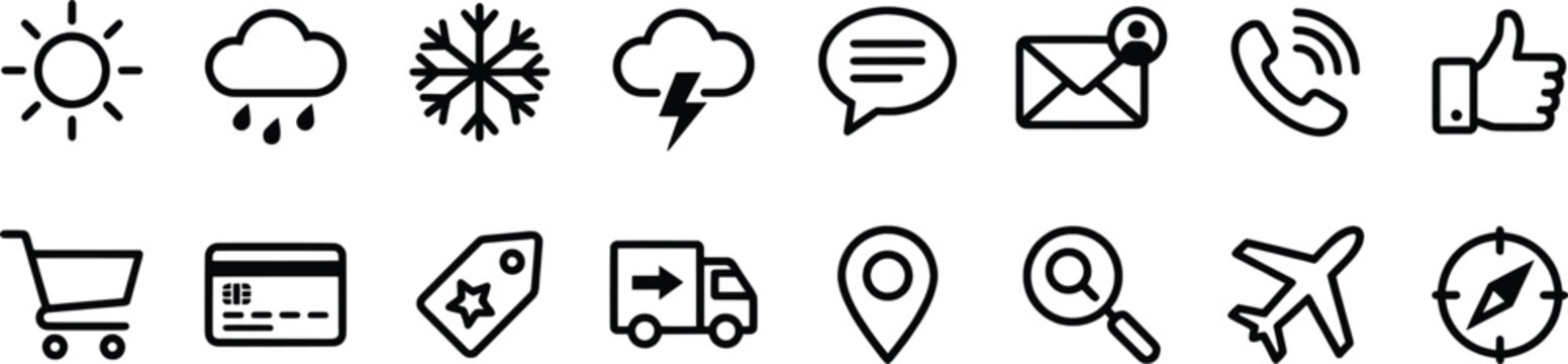 Minimalist black line icons set, 16 vector web symbols for ecommerce and weather, modern outline interface elements for mobile apps and websites