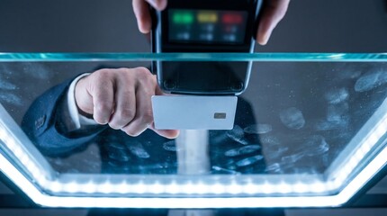 Fototapeta premium Contactless Payment: Hand holding credit card near terminal