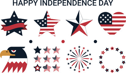 Obraz premium Comprehensive set of American Independence Day symbols including flag stars, patriotic heart, eagle, and fireworks