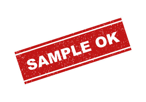 Red grunge rubber stamp with the text sample ok in a diagonal frame