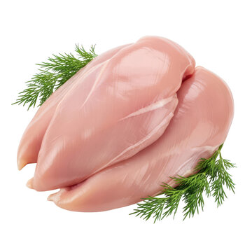 Fresh raw chicken breast on green herbs garnish