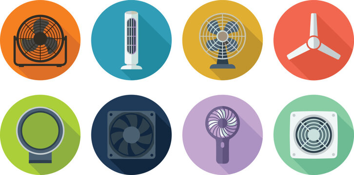 Colorful Flat Design Cooling Fan Icon Set with Long Shadow Effects Featuring Industrial Floor Tower Desk Ceiling Bladeless Box and Handheld Blowers