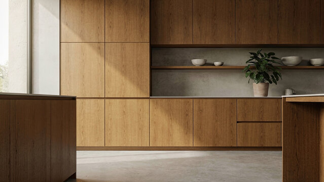 Minimalist Wooden Kitchen Cabinets and Shelves in Modern Space