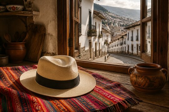 andean. Ecuador Independence Day kitchen surface with Panama hat on Andean textile, earthenware pot, Quito colonial street view, event programs.
