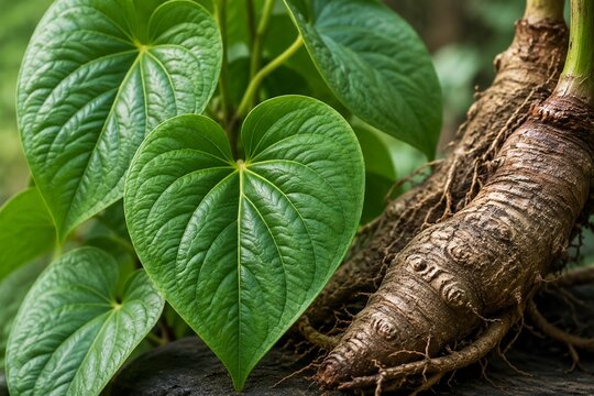 Close-up of a kava plant's heart-shaped leaves and textured root.