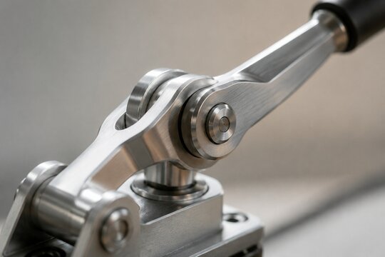 Close-up of an elegant lever mechanism with polished metal components.