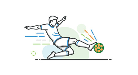 Fototapeta premium Dynamic soccer player mid-kick, capturing a moment of athletic motion with clean lines, blue and green accents, and a vibrant orange ball, perfect for sports media and active