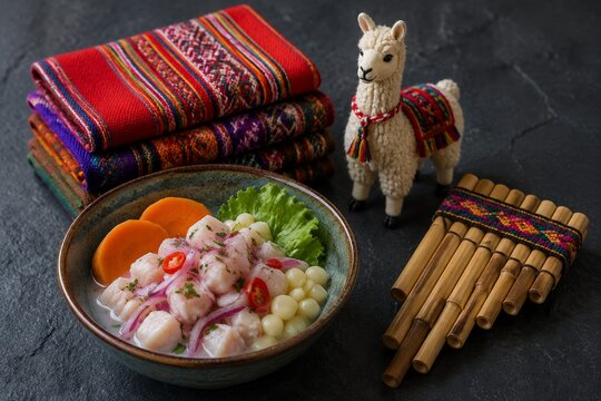 ceviche. Peruvian Independence Day bundle: ceviche, wool textiles, llama figurine, and pan flute on slate surface. event programs.