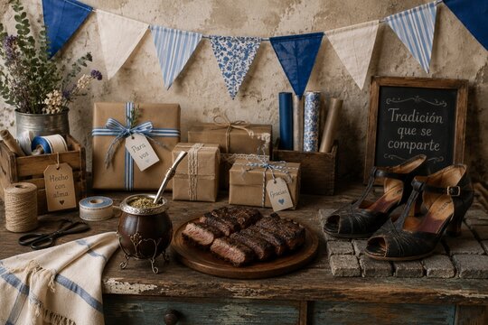 Gift wrapping station with fabric bunting, mate gourd, asado slices, and tango shoes.