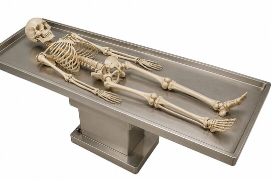Complete human skeletal model on anatomical dissection table, joints visible, clean white background.